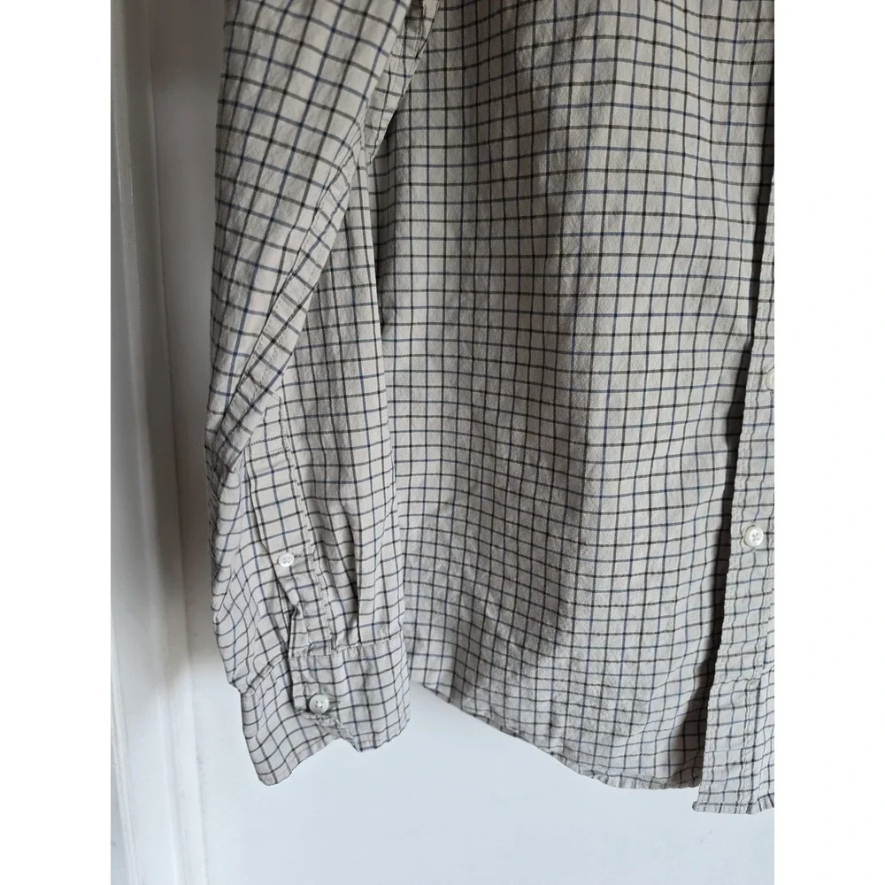 J.Crew Men M Plaid Check Button-Up Long Sleeve Shirt Beige Blue Black Top